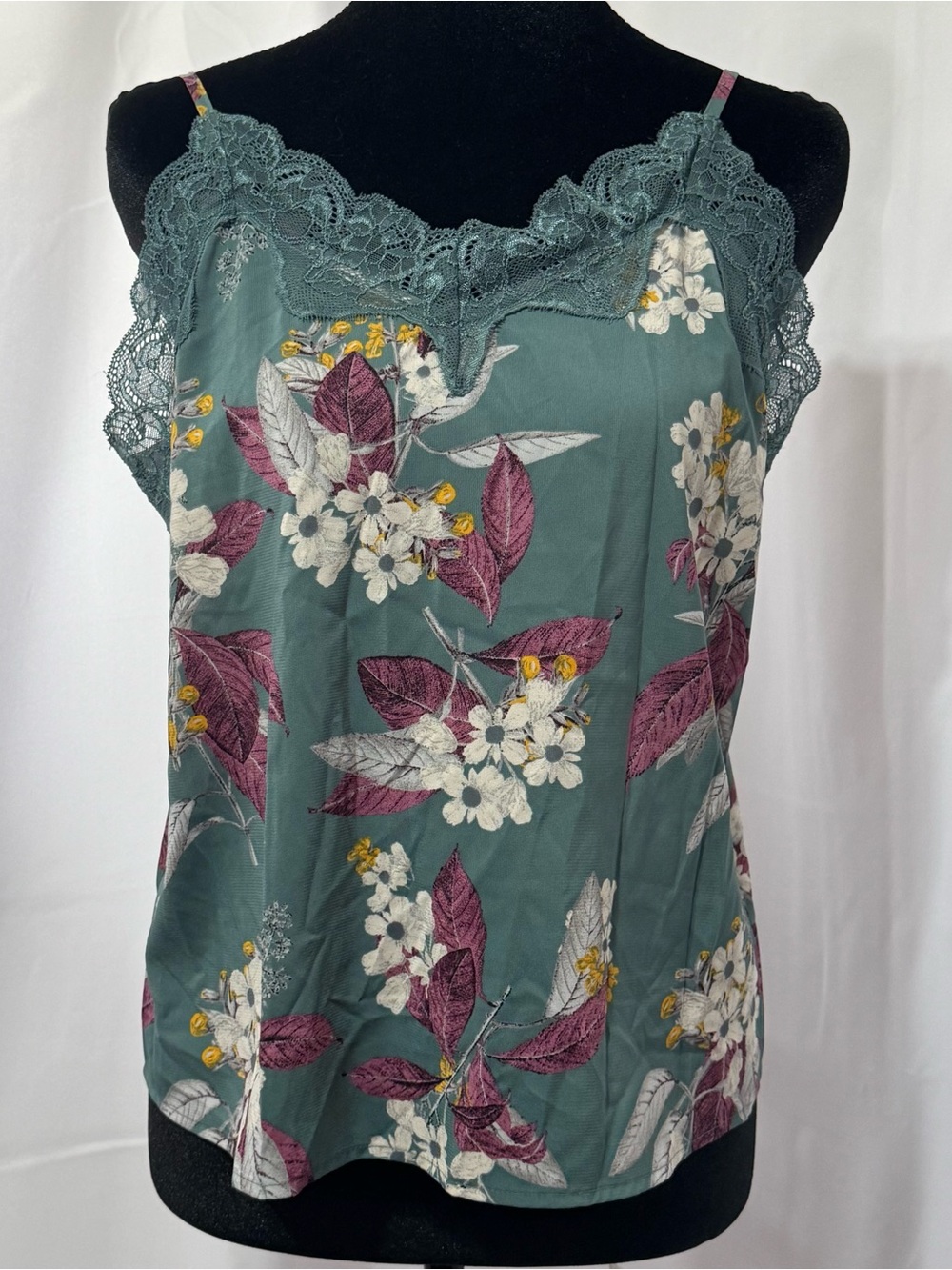 Motto Sage Green Floral Lace Trim Cami Top Whimsigoth Cottagecore Romantic M